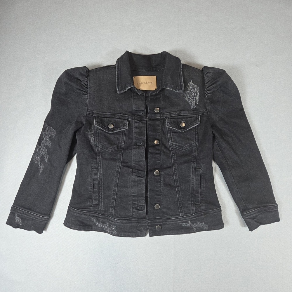 Retrofete Ada Puff Sleeve Denim Jacket Womens XS Black Cropped Distressed Italy